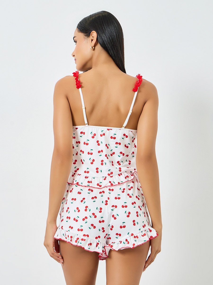 White Cherry Graphic Print Ruffle Hem Camisole and Shorts Set