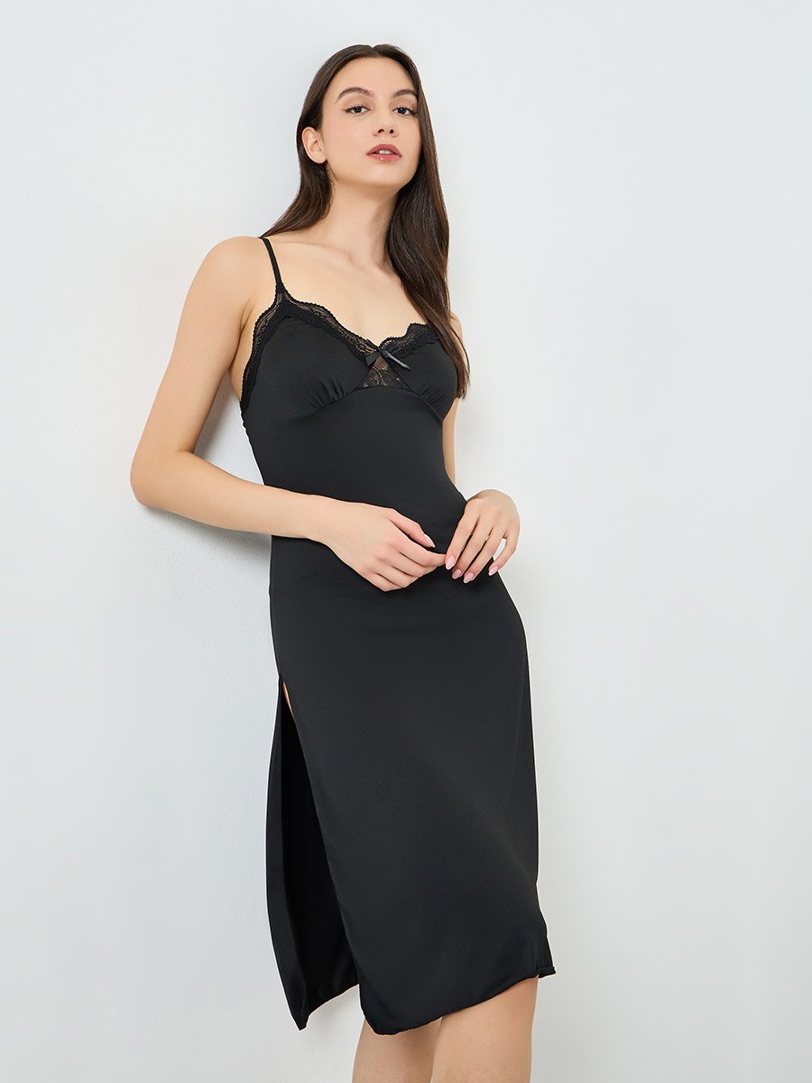 Black Lace Trim Cami Slip Dress For Women at Bahrain | Styli