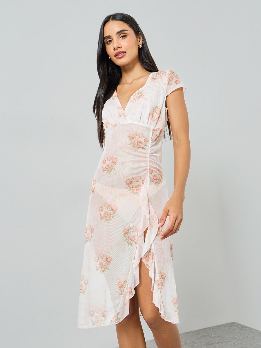 White Floral Print Sheer Slip Dress