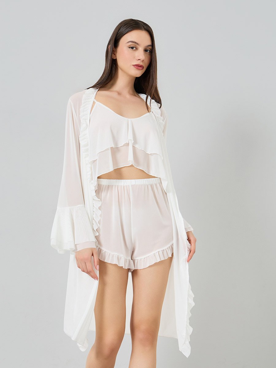 Pack of 3 - Ruffle Hem Detail Mesh Camisole with Shorts and Robe Set