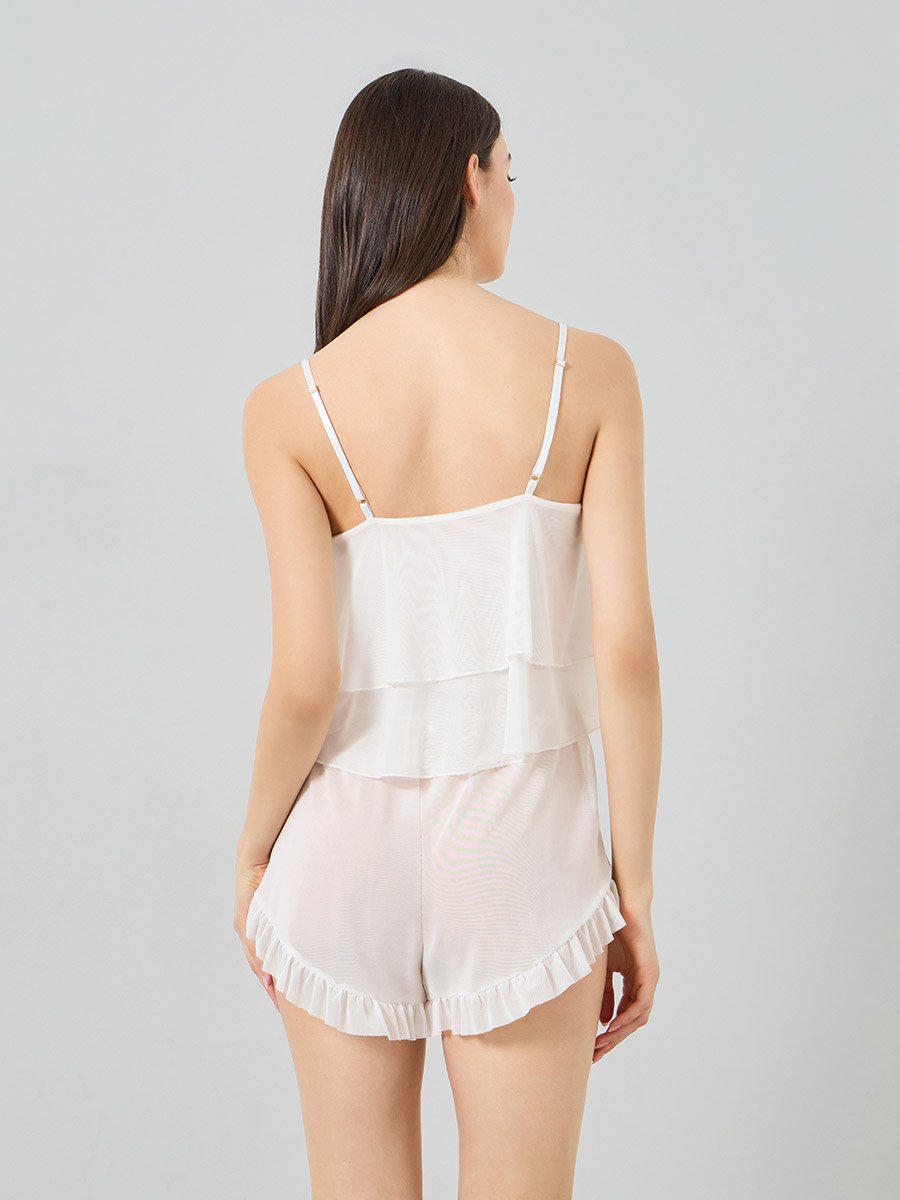 Pack of 3 - Ruffle Hem Detail Mesh Camisole with Shorts and Robe Set
