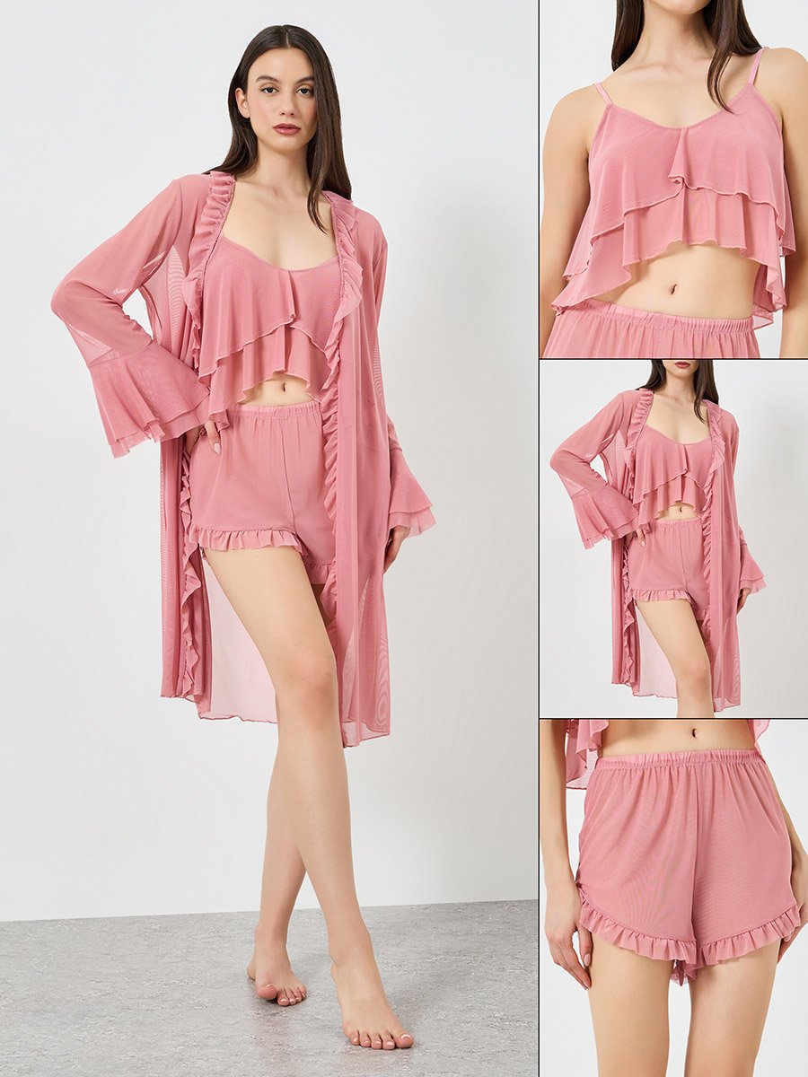 Pack of 3 - Ruffle Hem Detail Mesh Camisole with Shorts and Robe Set