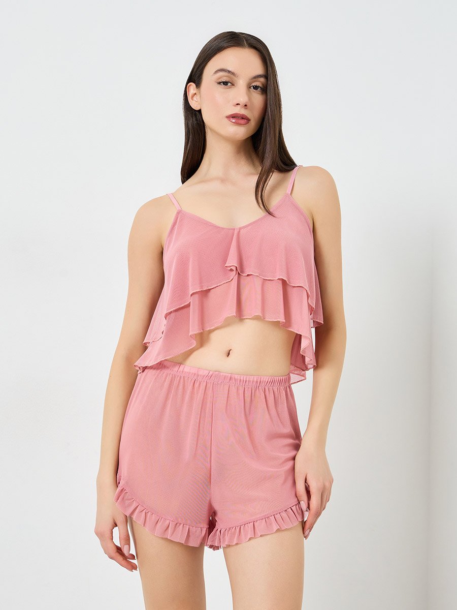 Pack of 3 - Ruffle Hem Detail Mesh Camisole with Shorts and Robe Set