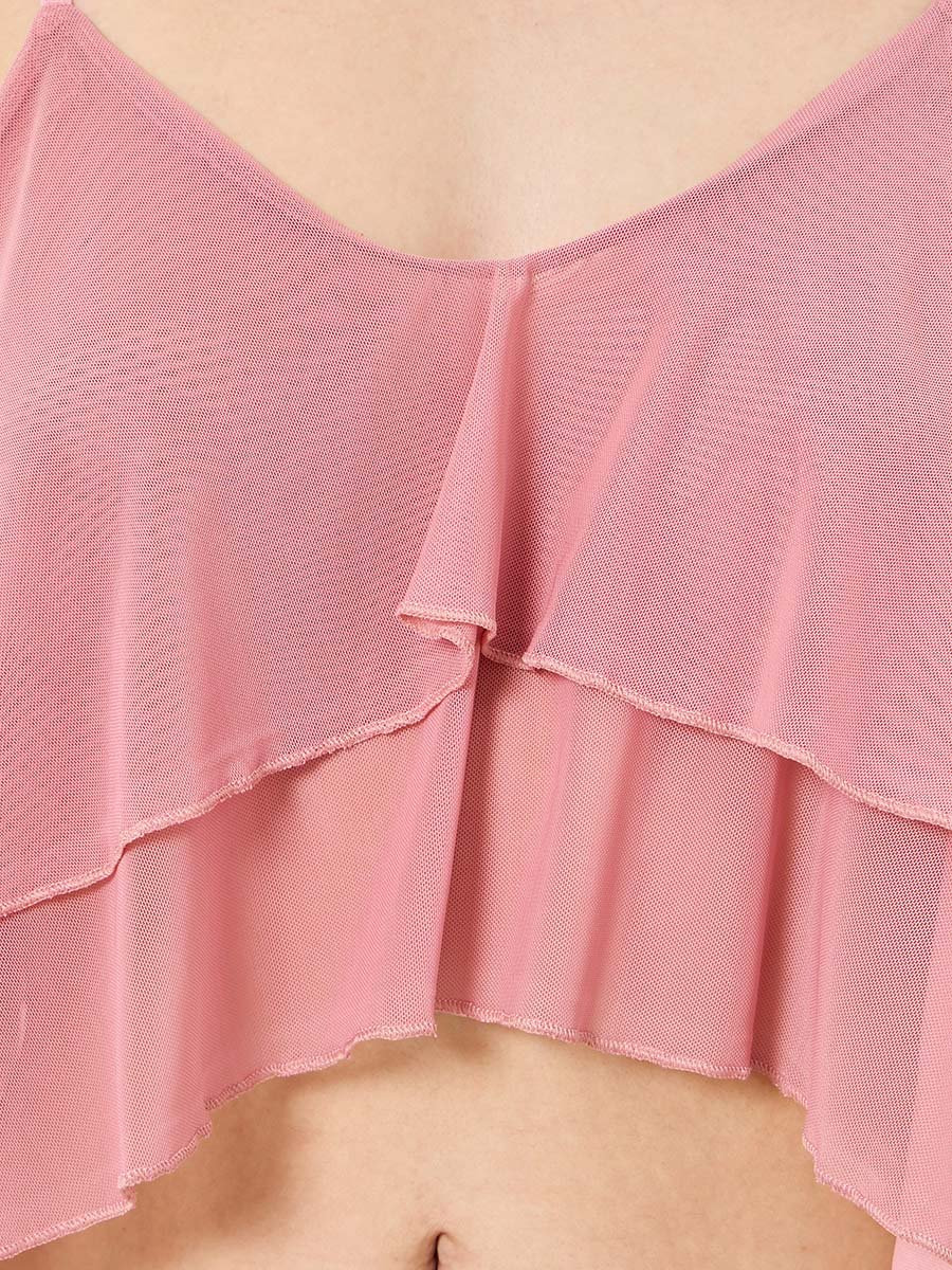 Pack of 3 - Ruffle Hem Detail Mesh Camisole with Shorts and Robe Set