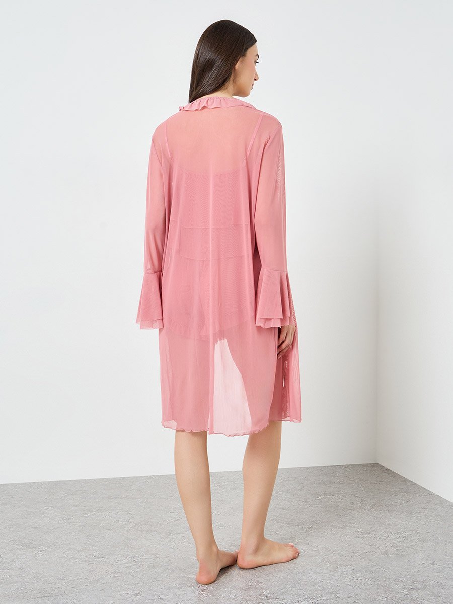 Pack of 3 - Ruffle Hem Detail Mesh Camisole with Shorts and Robe Set