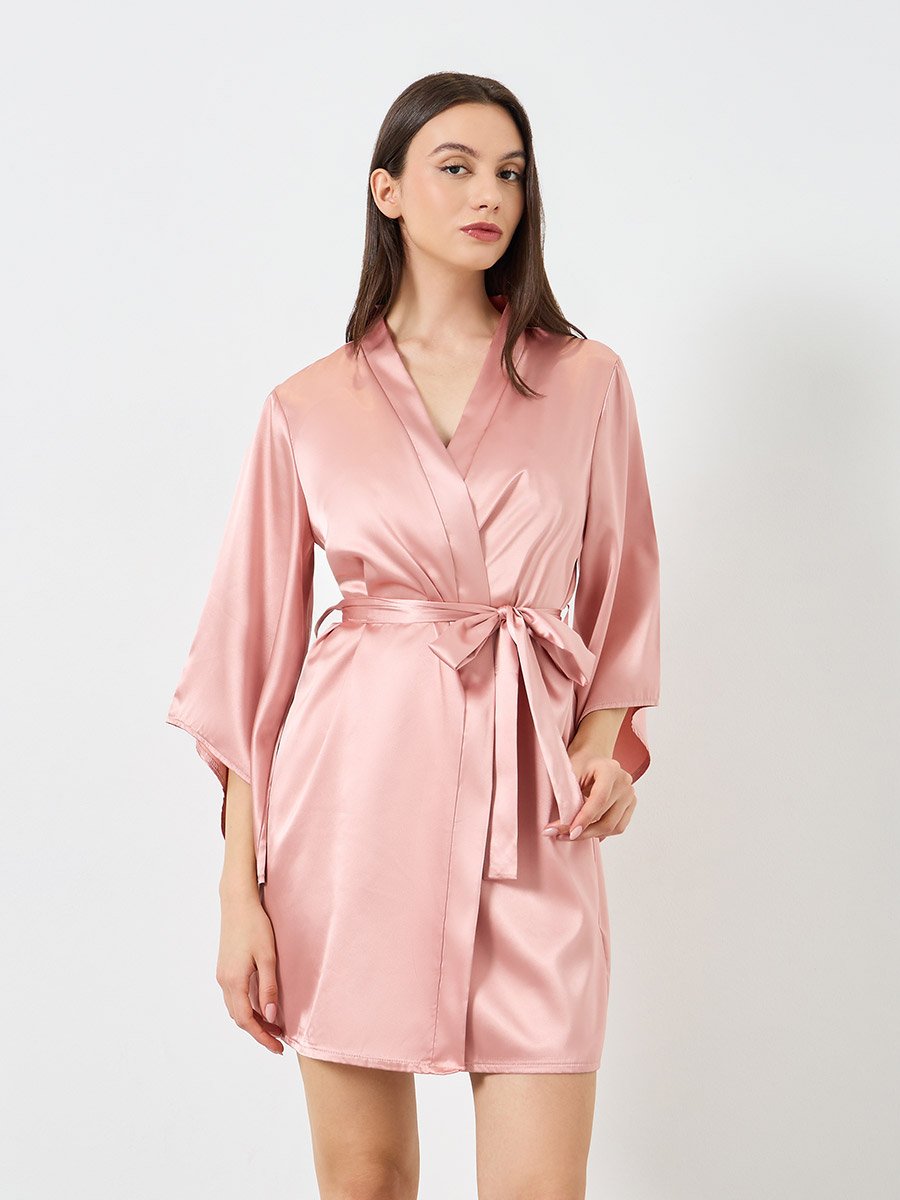 Pink Satin Ruffle Hem Detail Cami Slip Dress with Robe Set