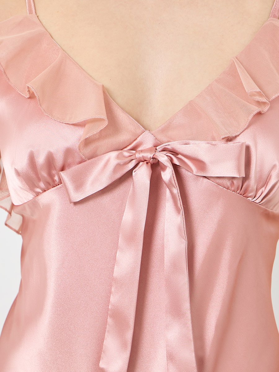 Pink Satin Ruffle Hem Detail Cami Slip Dress with Robe Set