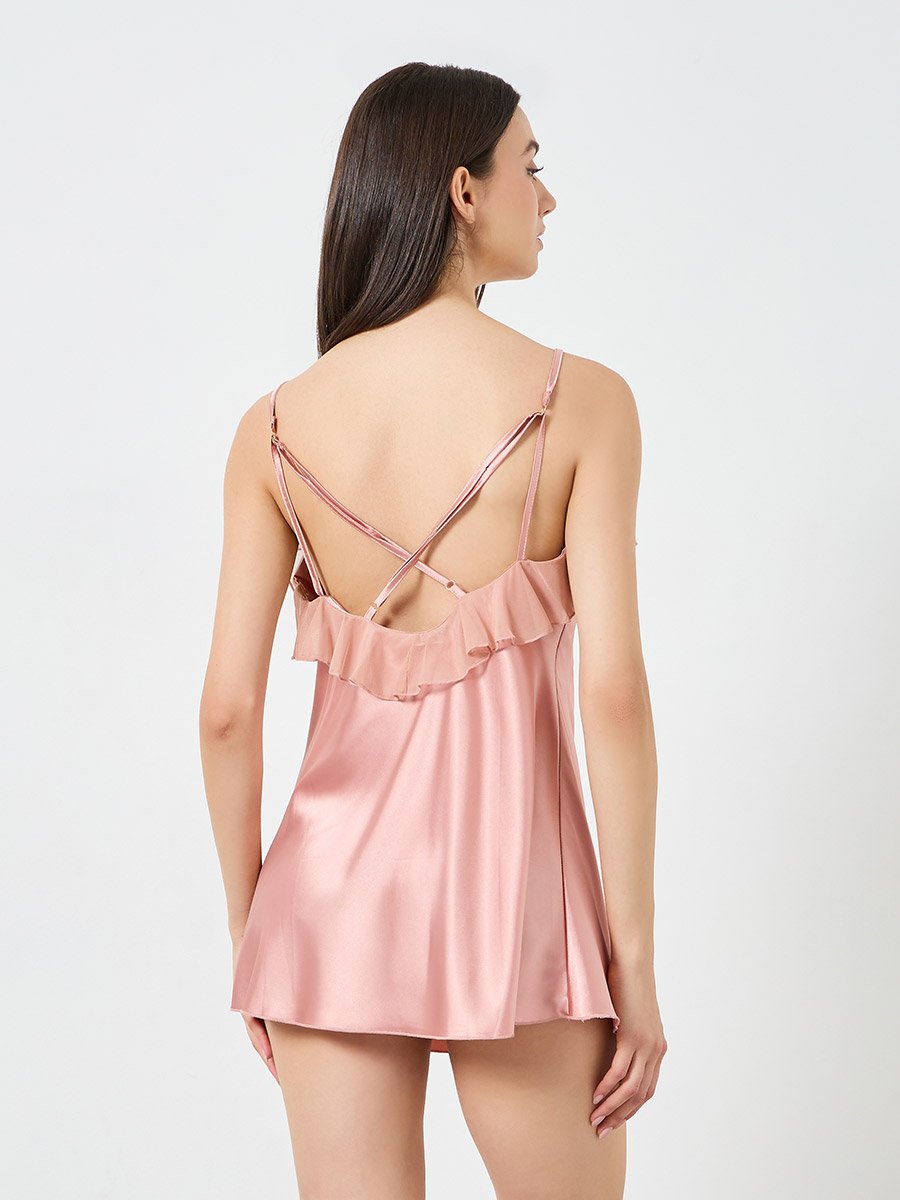 Pink Satin Ruffle Hem Detail Cami Slip Dress with Robe Set