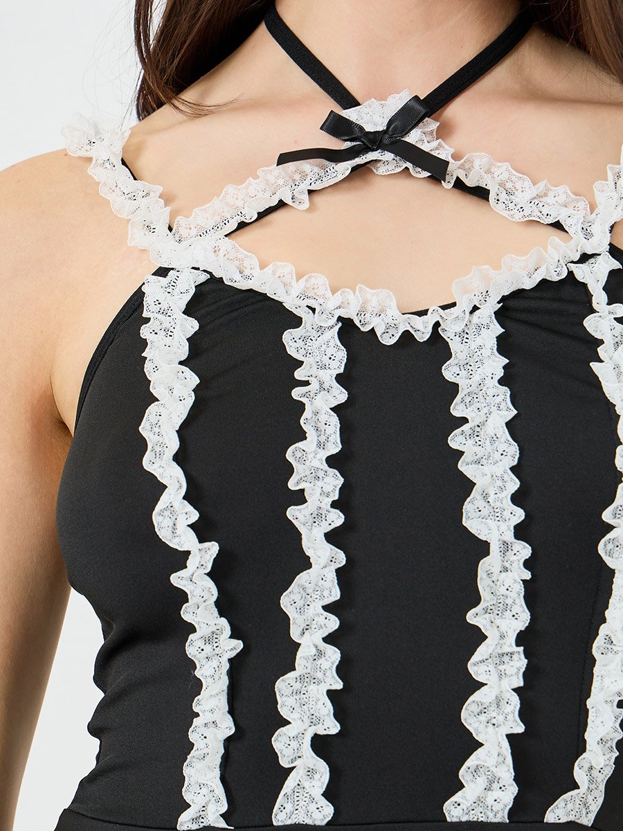 Contrast Halter Neck Lace Trim Detail Babydoll