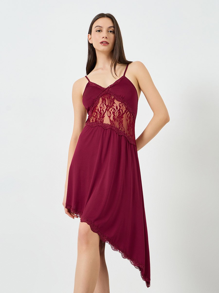 Burgundy Lace Trim Asymmetric Slip Dress For Women at Kuwait | Styli