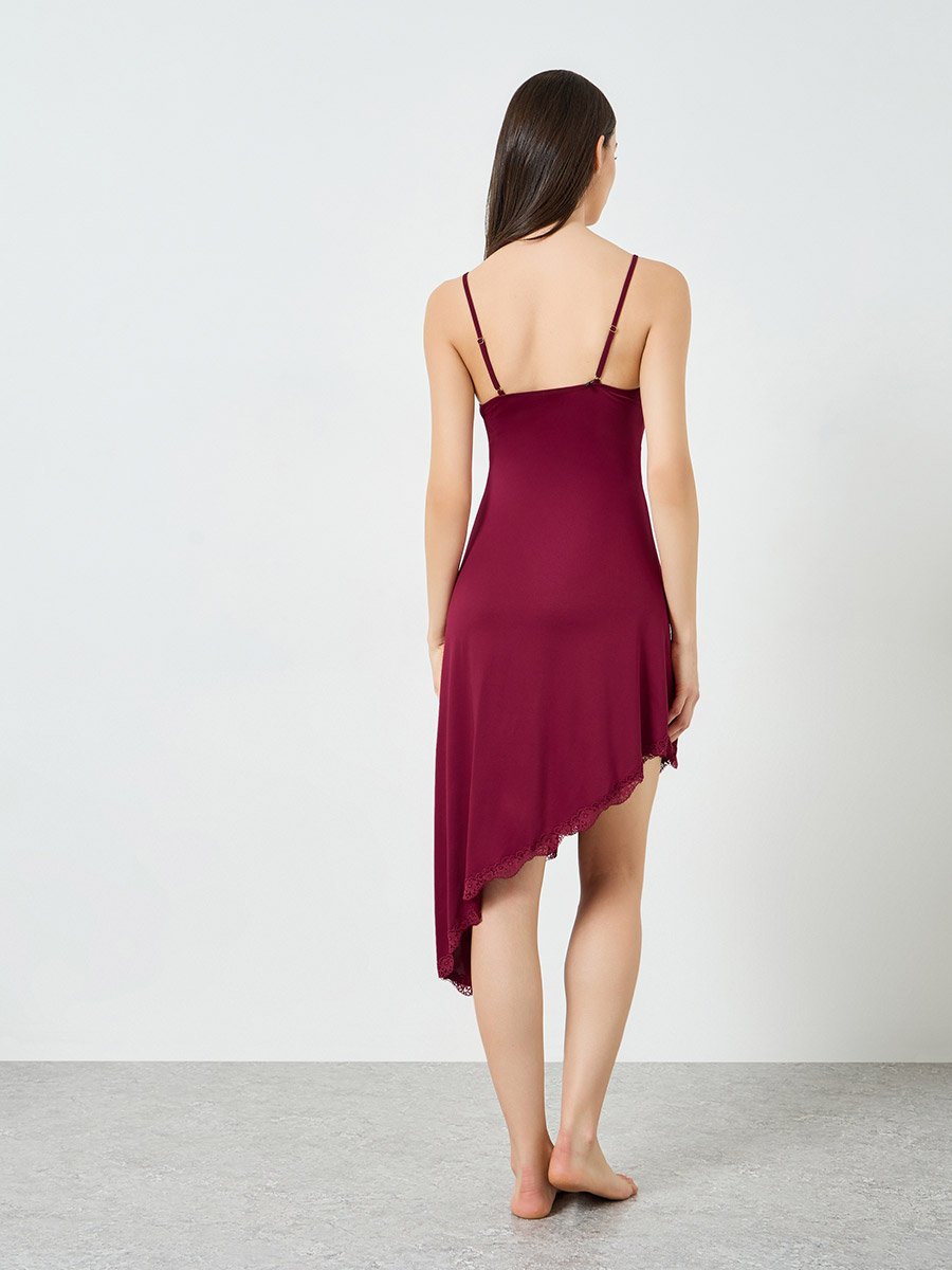 Burgundy Lace Trim Asymmetric Slip Dress For Women at Kuwait | Styli