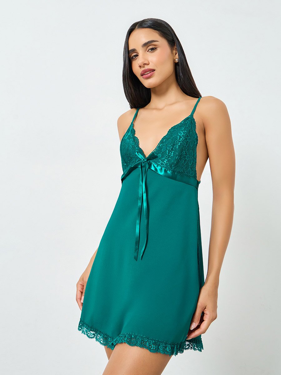 slim fit dress slacks 1950's Green Slip Dress with Cream Lace – Eveliina Vintage main image 1