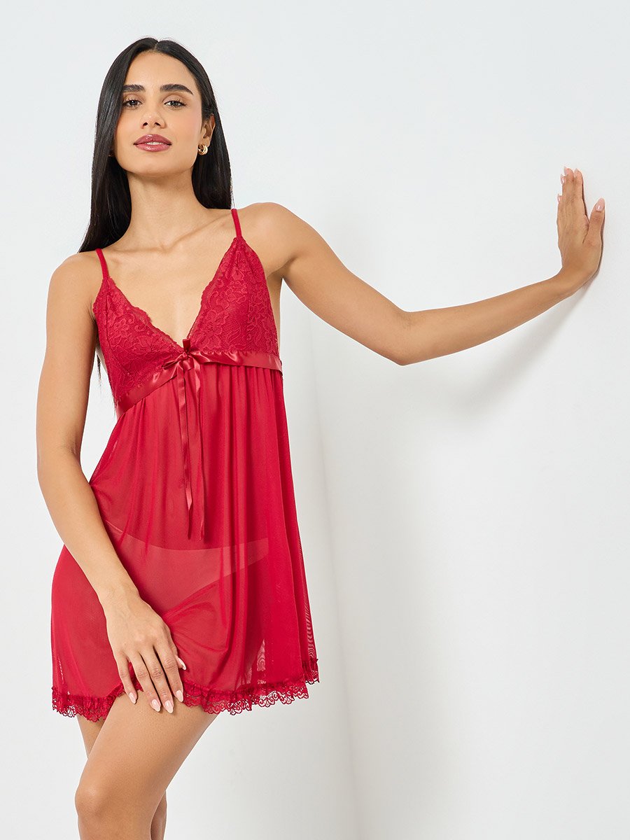 Red Lace Trim Bow Detail Slip Dress For Women at Bahrain | Styli