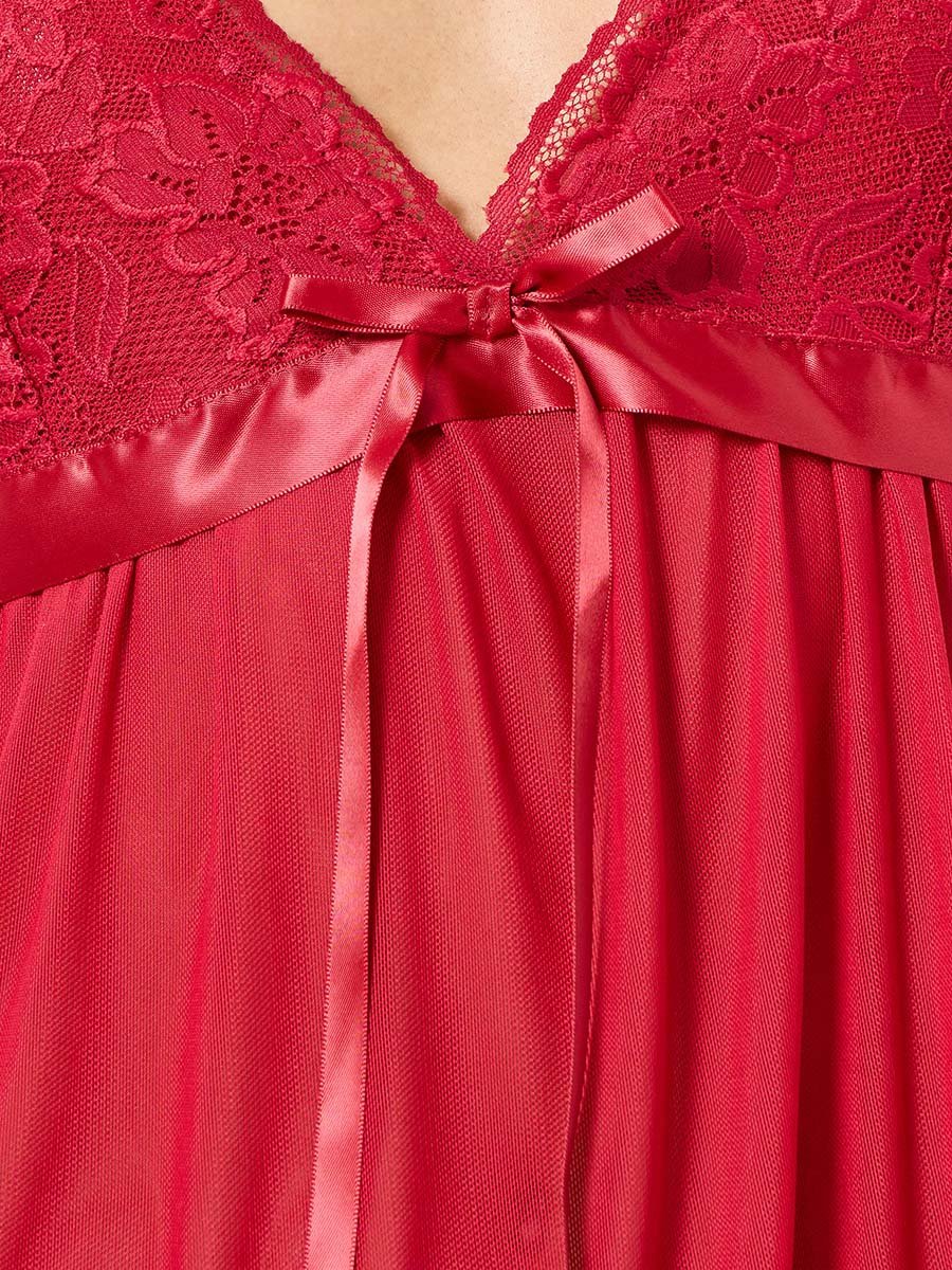 Red Lace Trim Bow Detail Slip Dress
