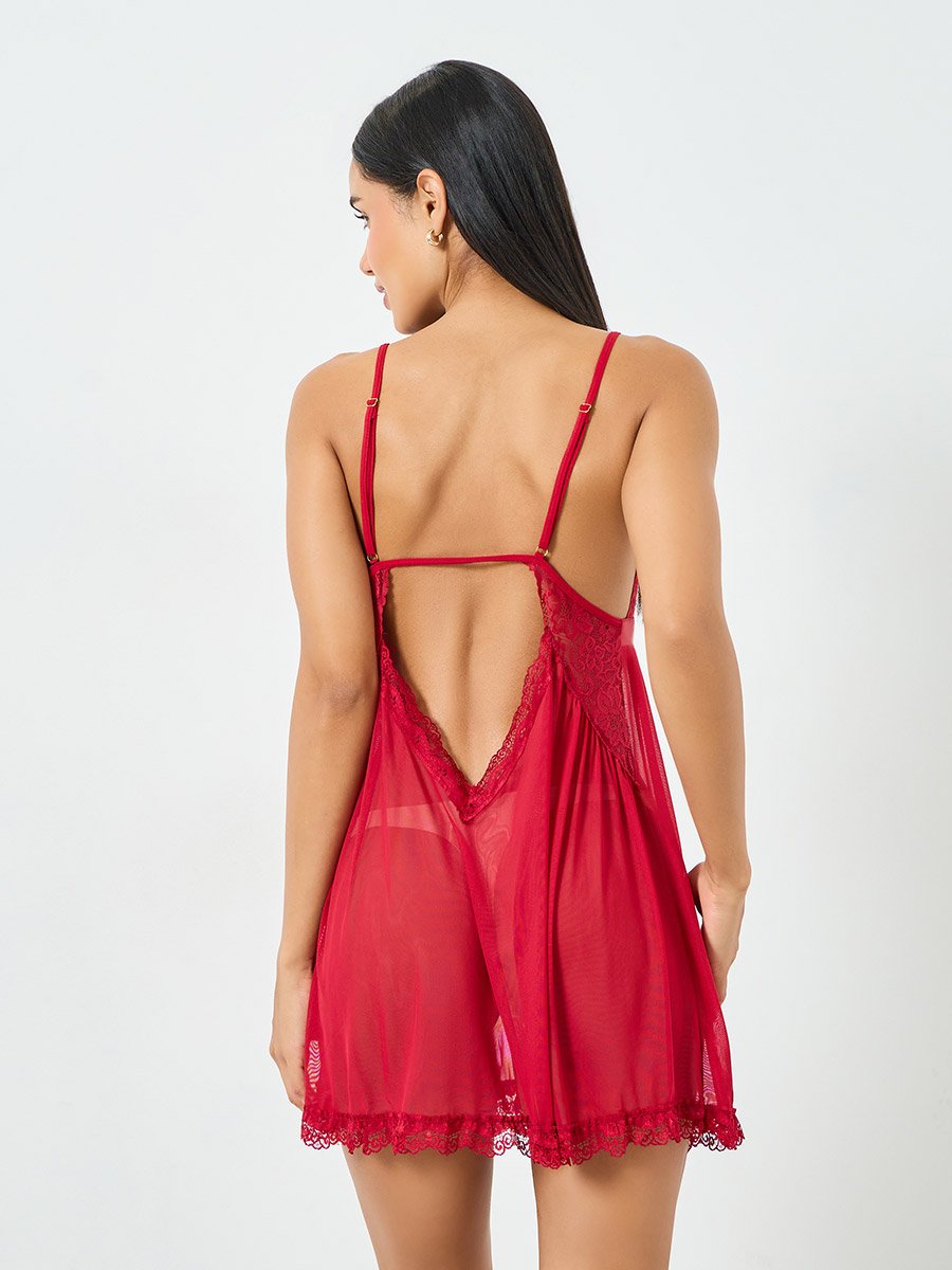 Red Lace Trim Bow Detail Slip Dress