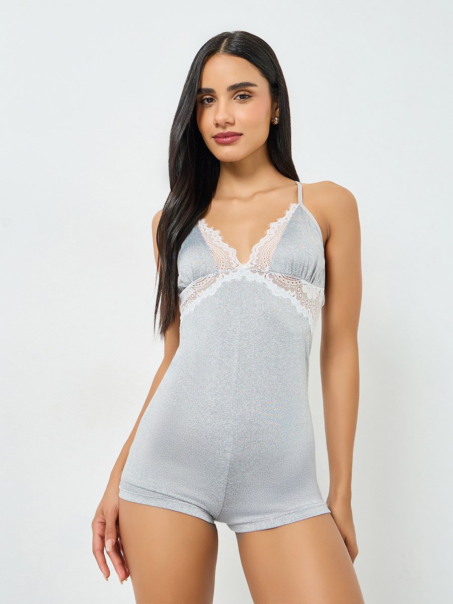 Grey Contrast Lace Trim Detail Romper