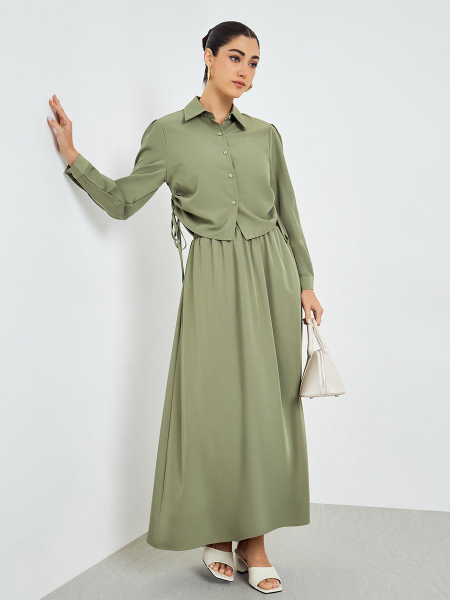 Women Ruched Shirt and Maxi Skirt Modest Set