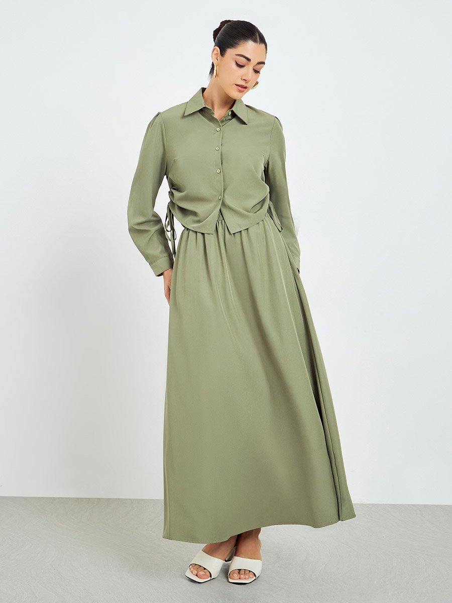 Women Ruched Shirt and Maxi Skirt Modest Set