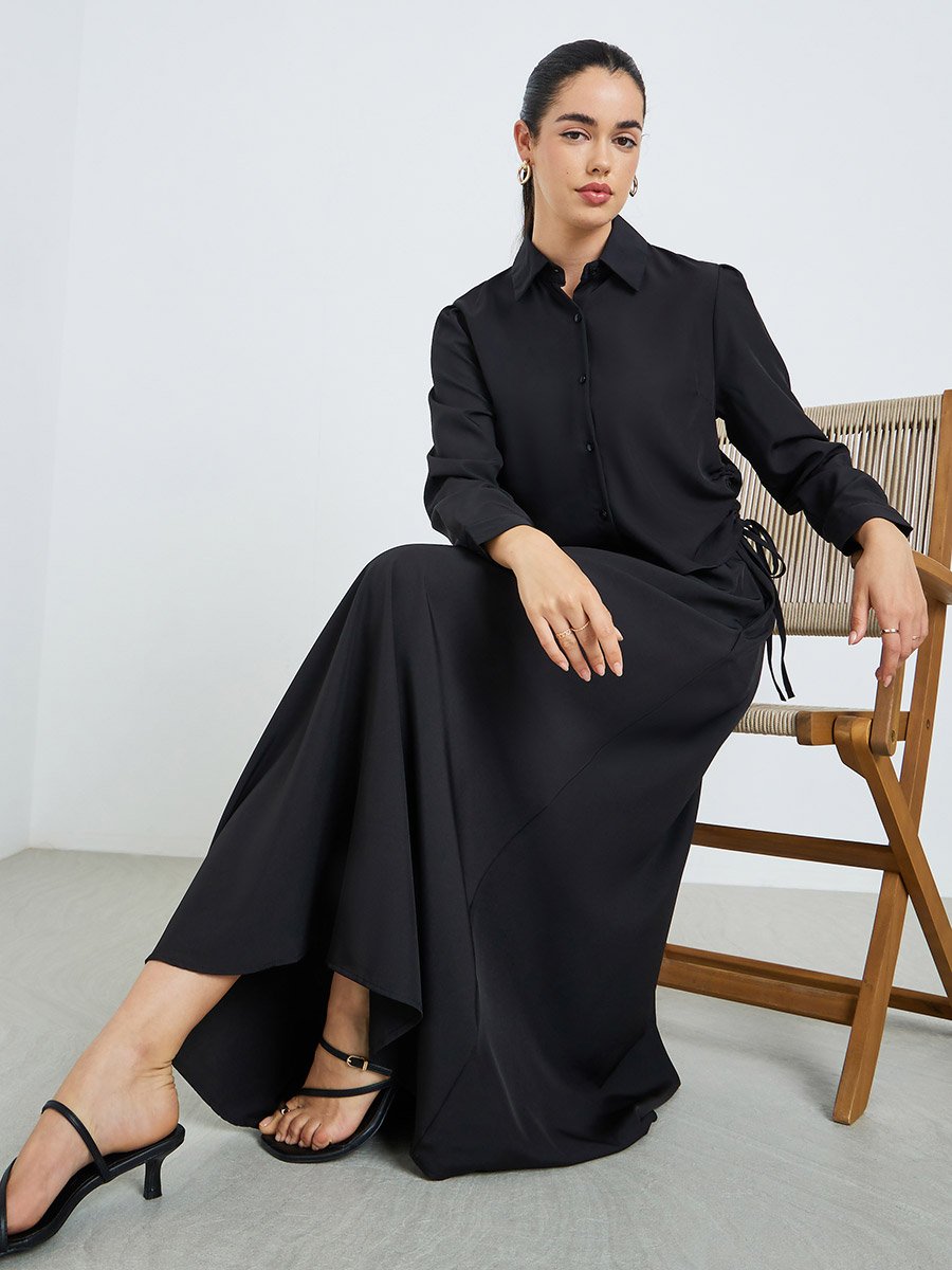 Women Ruched Shirt and Maxi Skirt Modest Set