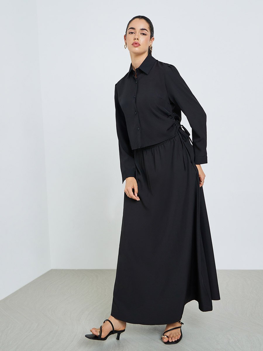 Women Ruched Shirt and Maxi Skirt Modest Set