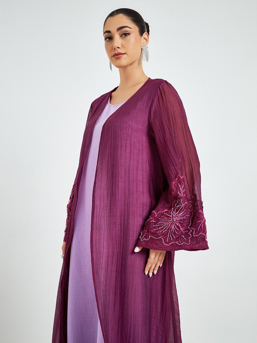 Burgundy Embroidered Sleeve A-Line Abaya