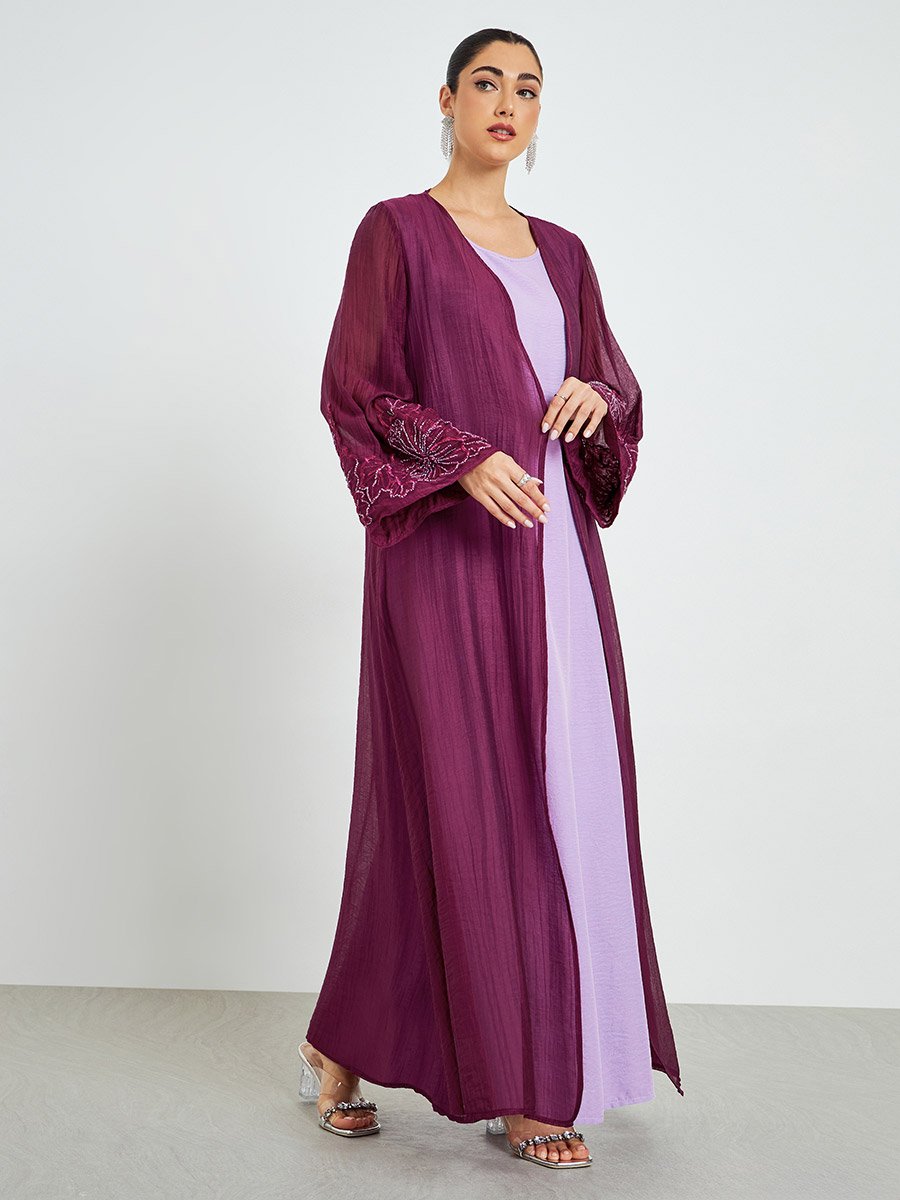 Burgundy Embroidered Sleeve A-Line Abaya