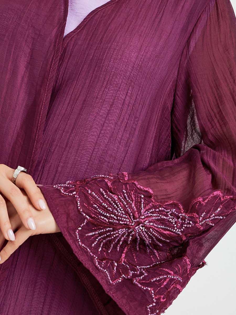 Burgundy Embroidered Sleeve A-Line Abaya