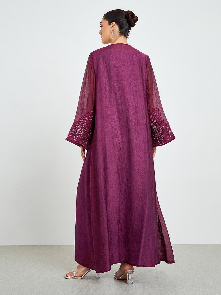 Burgundy Embroidered Sleeve A-Line Abaya