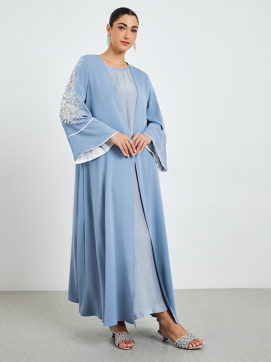 Blue Embroidered Sleeve A-Line Abaya