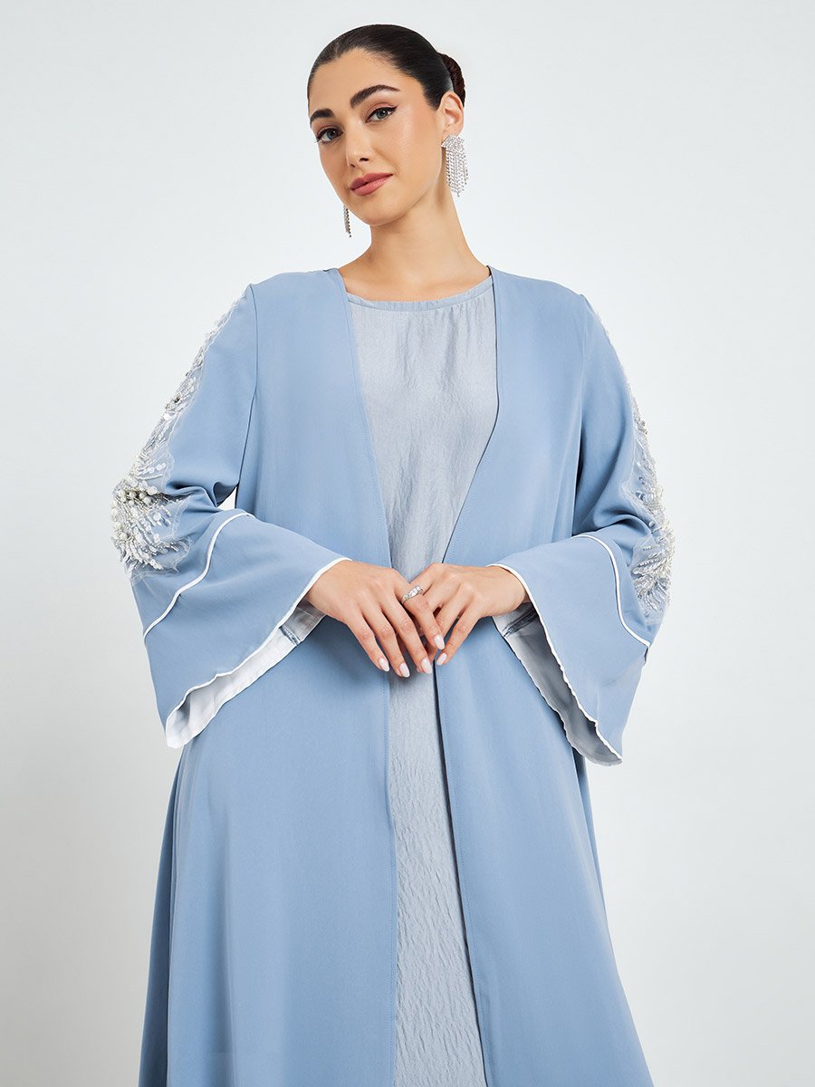 Blue Embroidered Sleeve A-Line Abaya