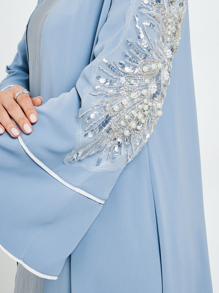Blue Embroidered Sleeve A-Line Abaya