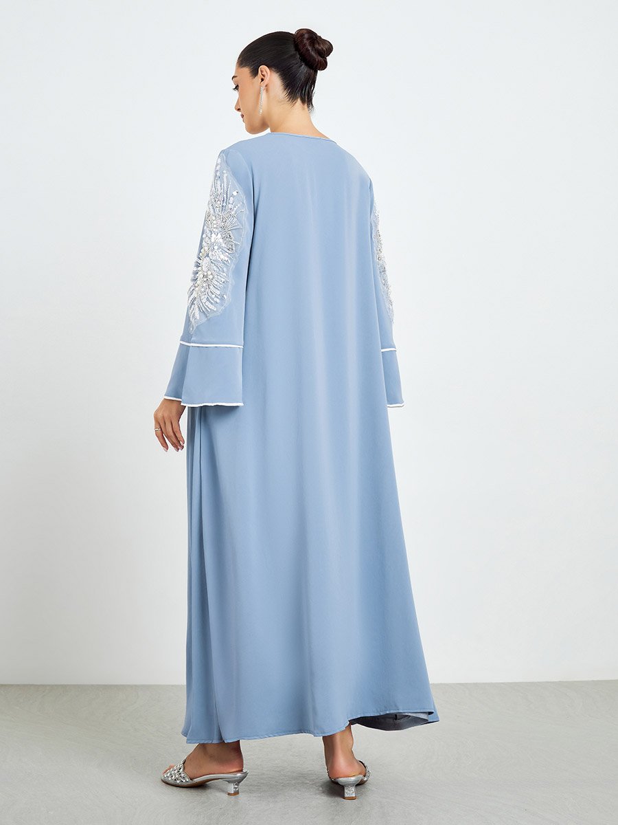 Blue Embroidered Sleeve A-Line Abaya