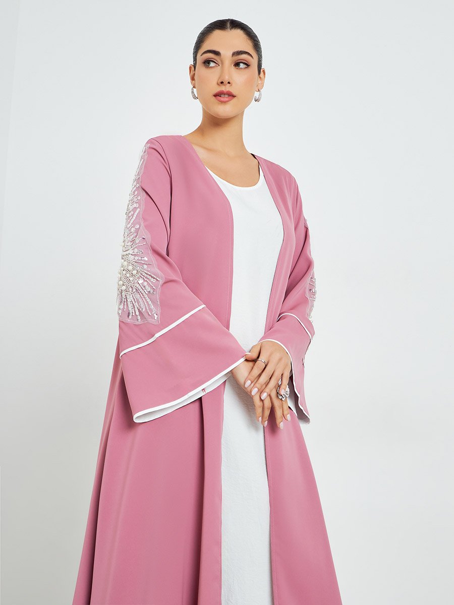 Light Pink Embroidered Sleeve A-Line Abaya
