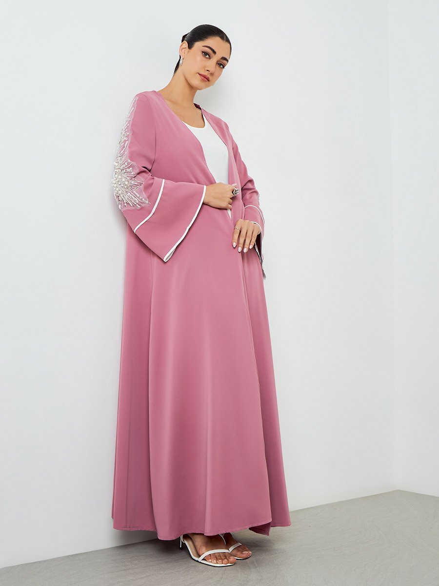 Light Pink Embroidered Sleeve A-Line Abaya