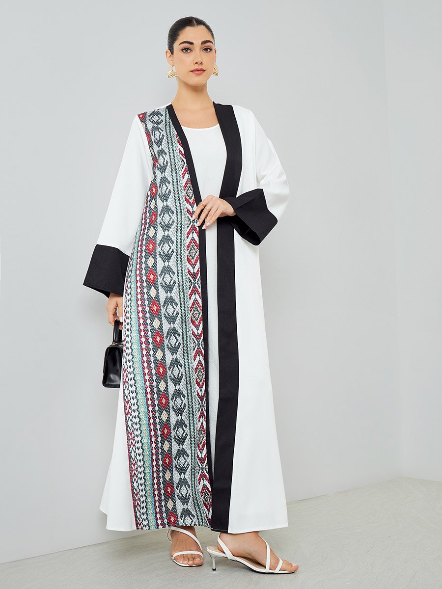 White Open Front Abaya with Printed Panel
