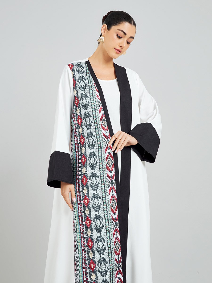 White Open Front Abaya with Printed Panel