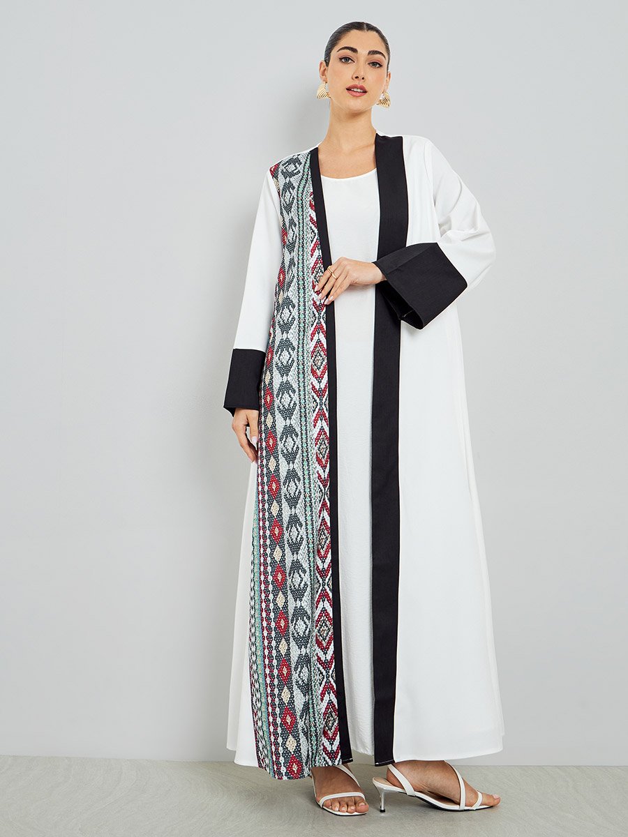 White Open Front Abaya with Printed Panel