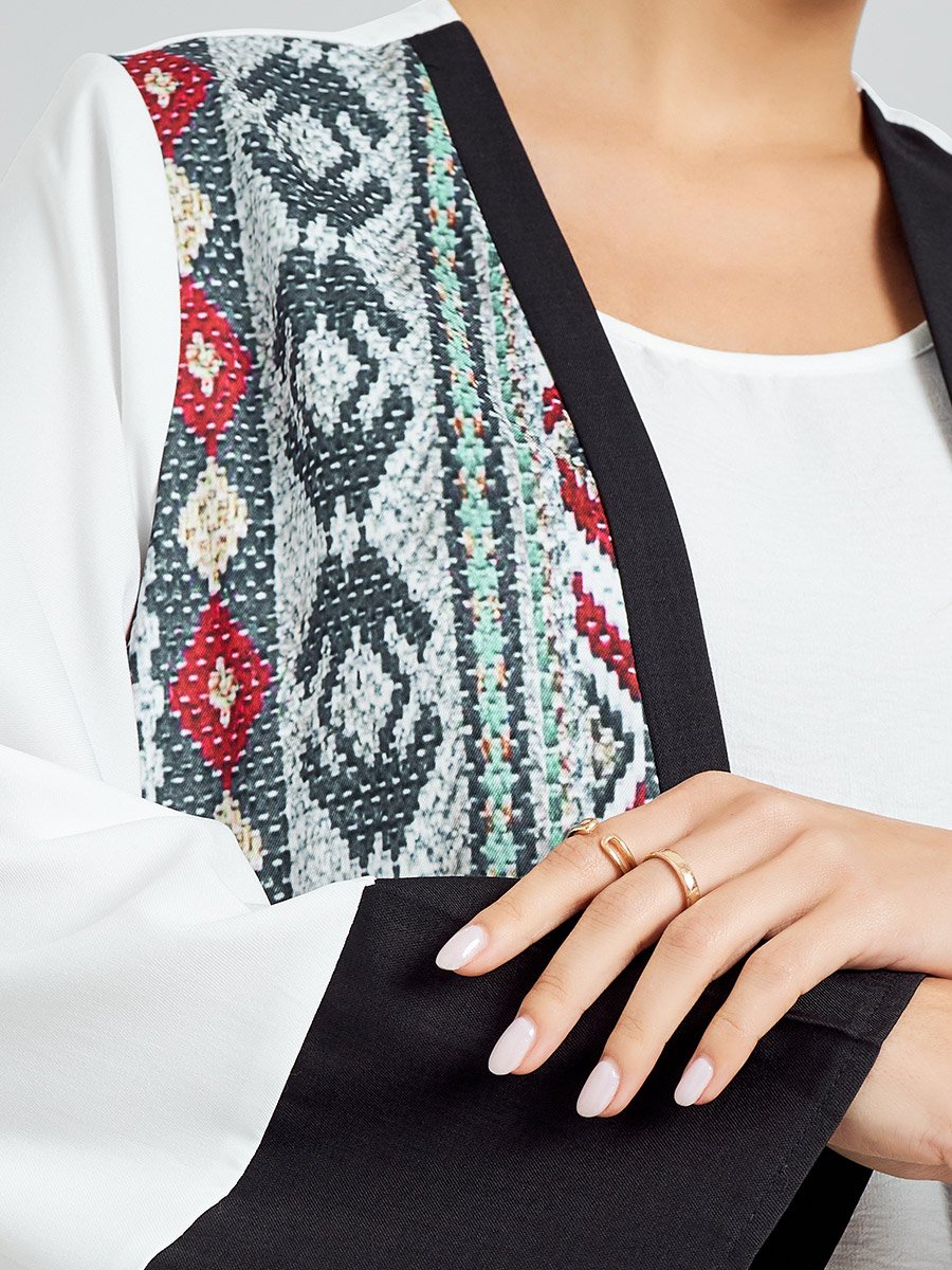 White Open Front Abaya with Printed Panel