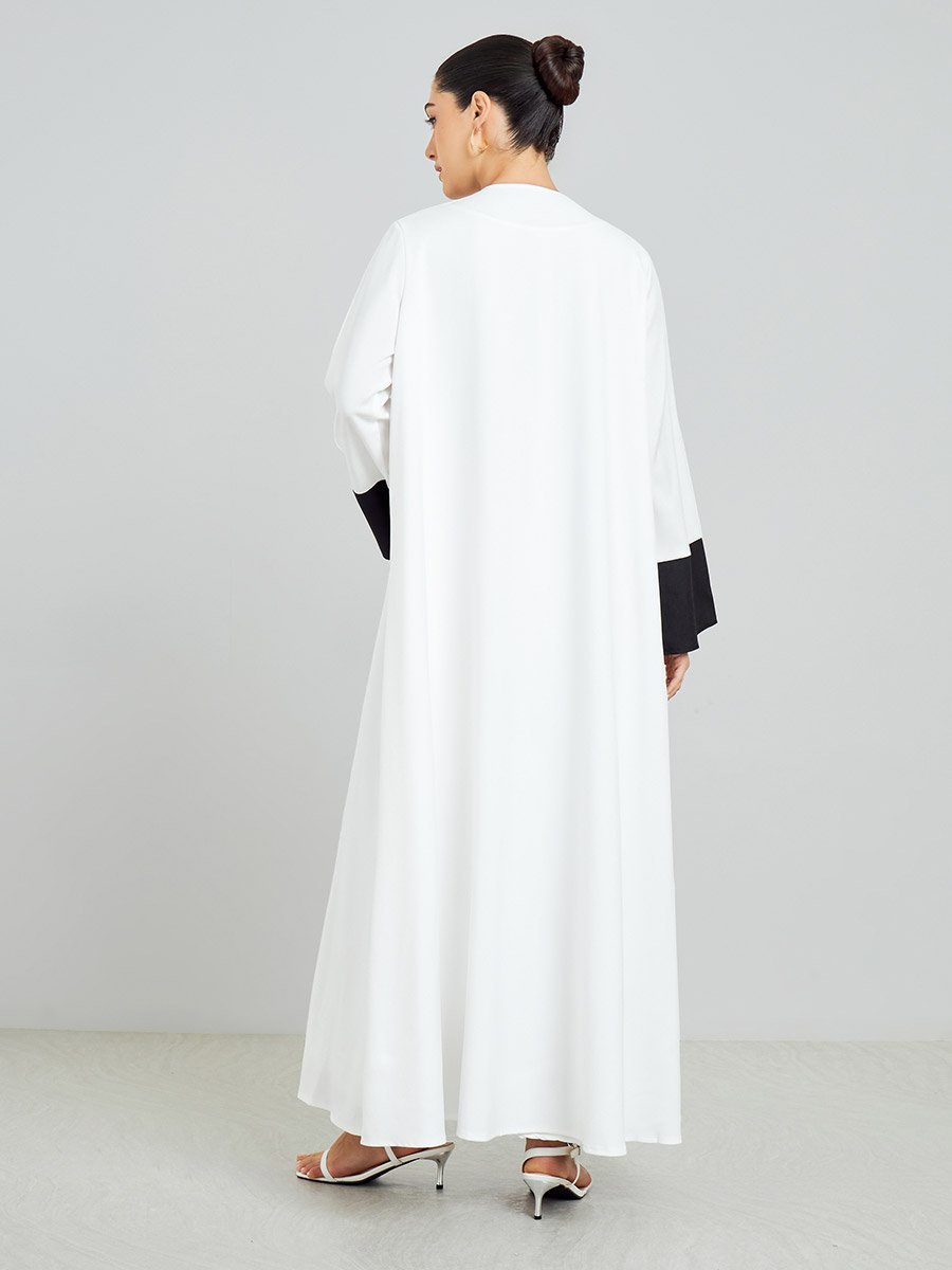 White Open Front Abaya with Printed Panel