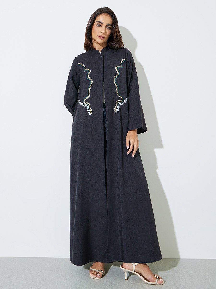 Black Stand Collar Abaya with Embroidery
