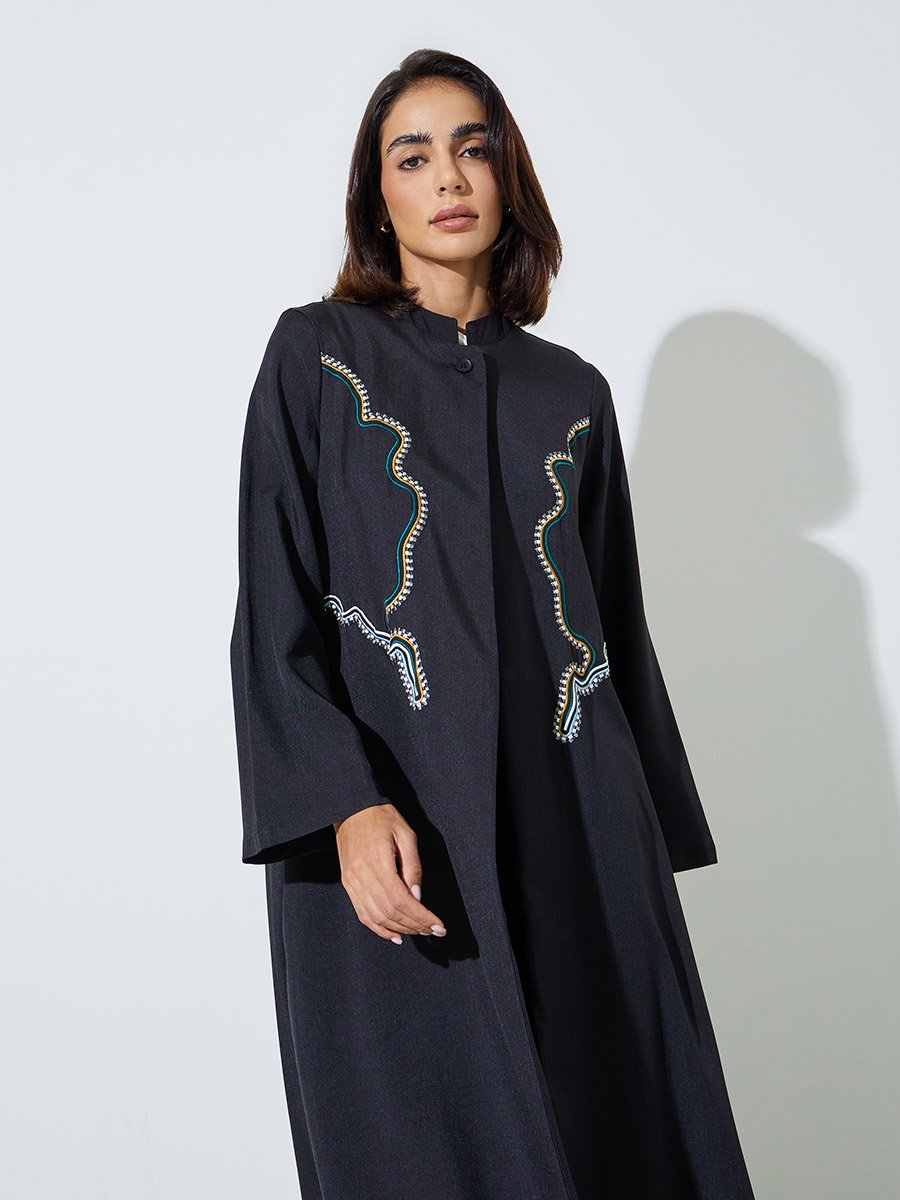Black Stand Collar Abaya with Embroidery