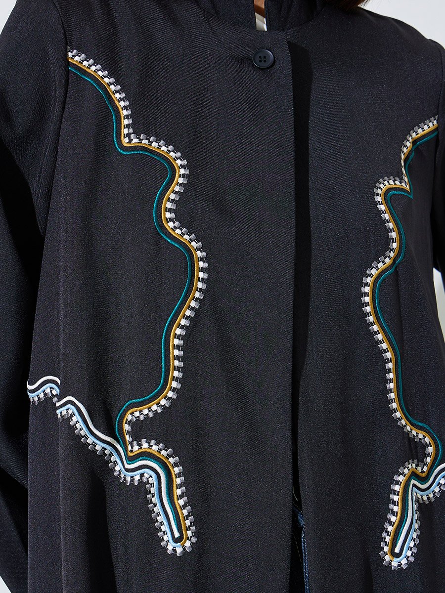 Black Stand Collar Abaya with Embroidery