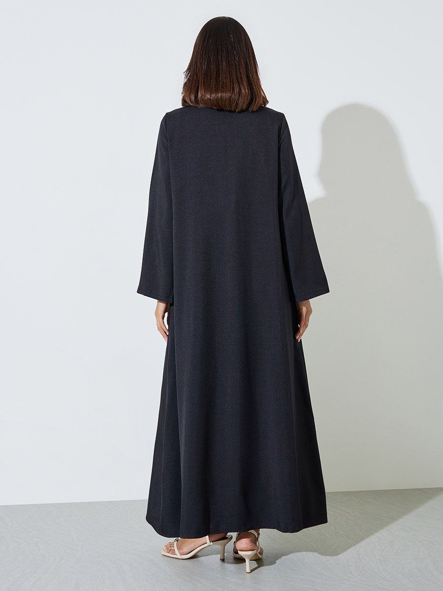 Black Stand Collar Abaya with Embroidery