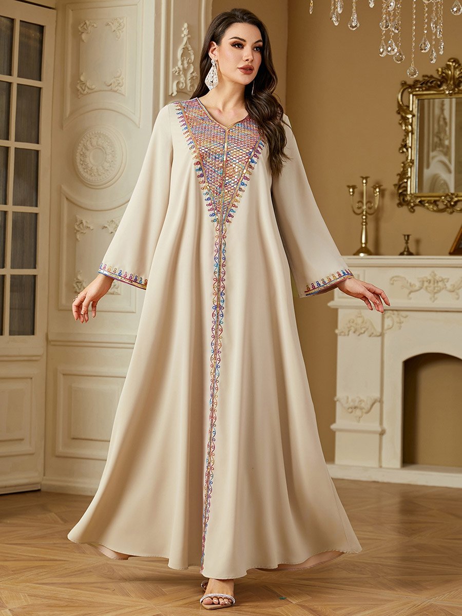 Women Beige Embroidered Long Sleeve Jalabiya