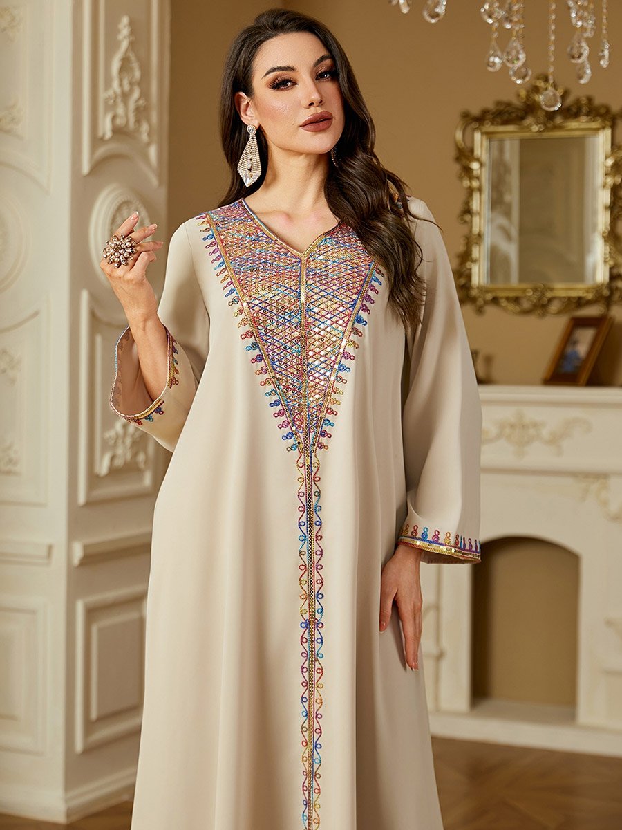 Women Beige Embroidered Long Sleeve Jalabiya
