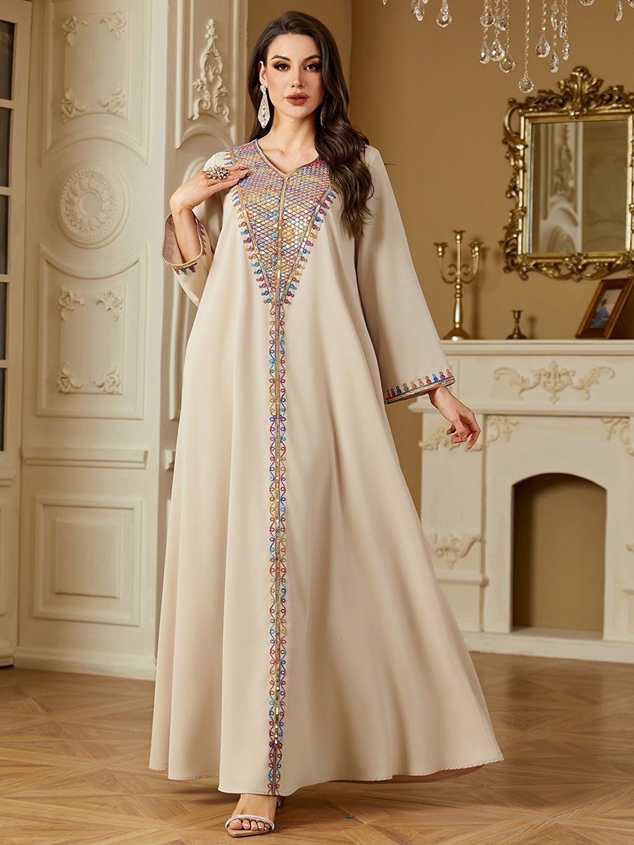 Women Beige Embroidered Long Sleeve Jalabiya