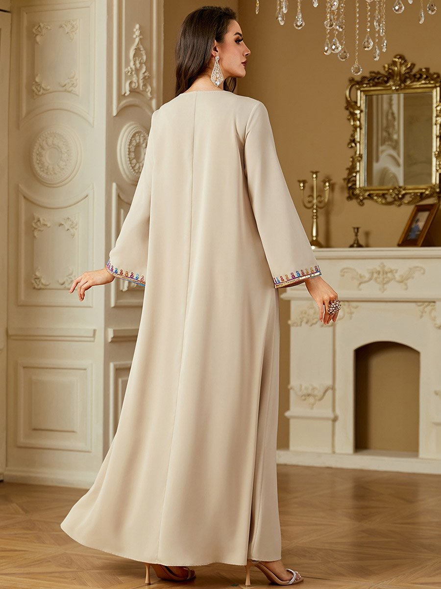 Women Beige Embroidered Long Sleeve Jalabiya