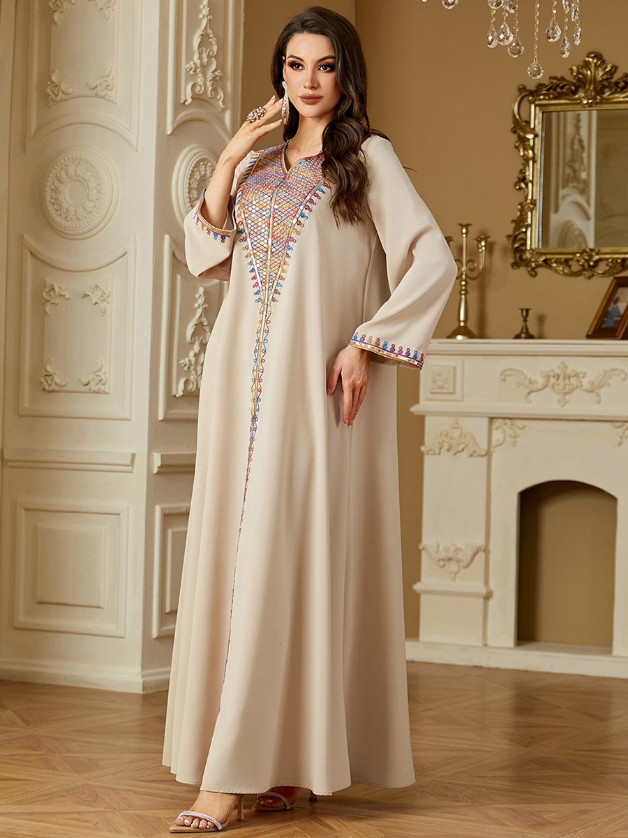 Women Beige Embroidered Long Sleeve Jalabiya