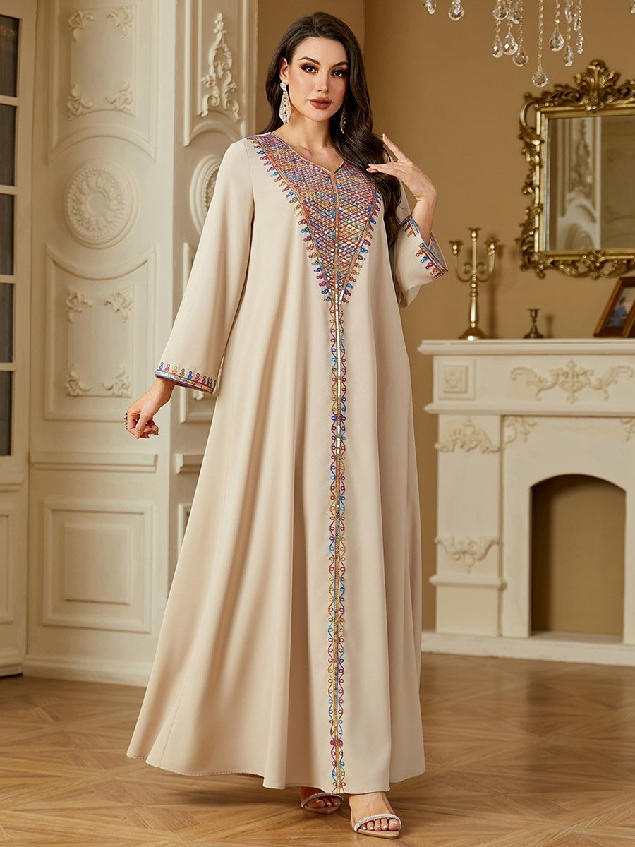 Women Beige Embroidered Long Sleeve Jalabiya