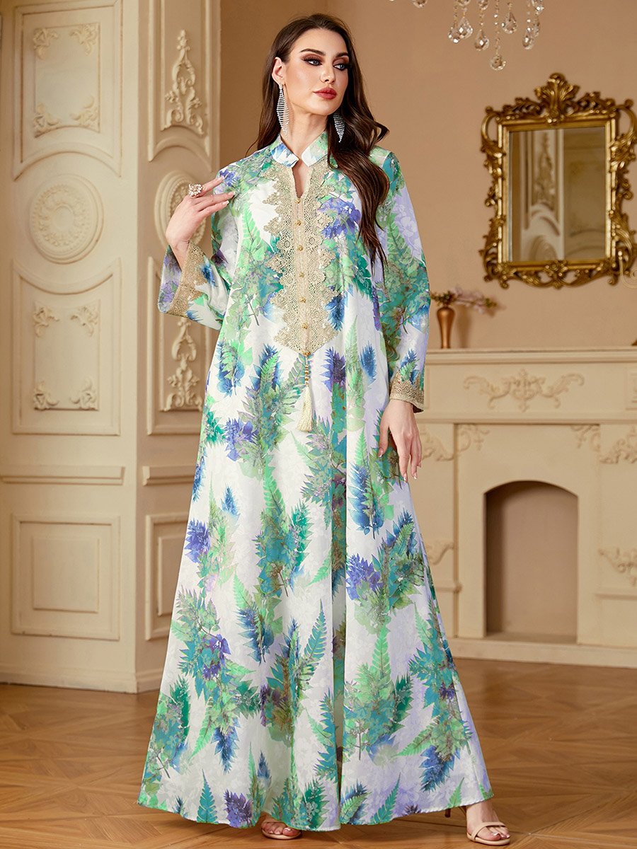 Women Leaf Print Embroidered Patch Jalabiya